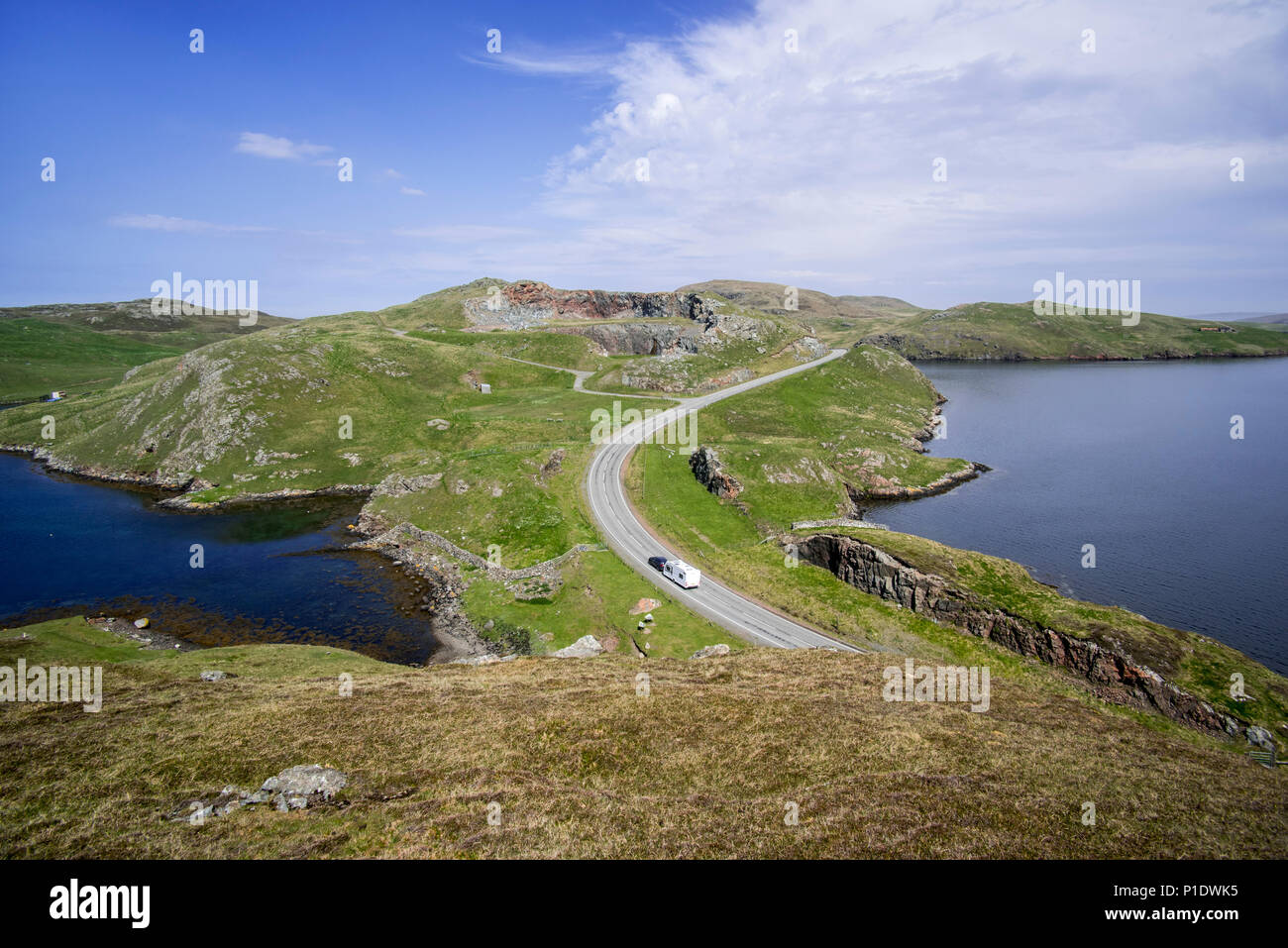 Aerial view over the Mavis Grind, narrow isthmus joining the Northmavine peninsula to the rest of the Mainland, Shetland Islands, Scotland, UK Stock Photo