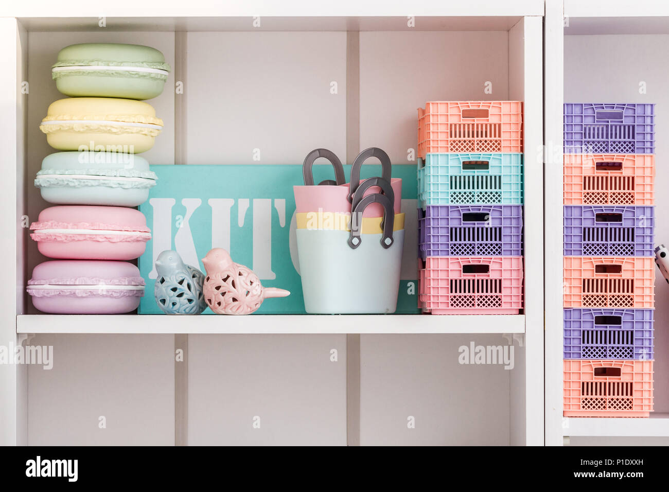 Decorative objects on white shelf Stock Photo Alamy
