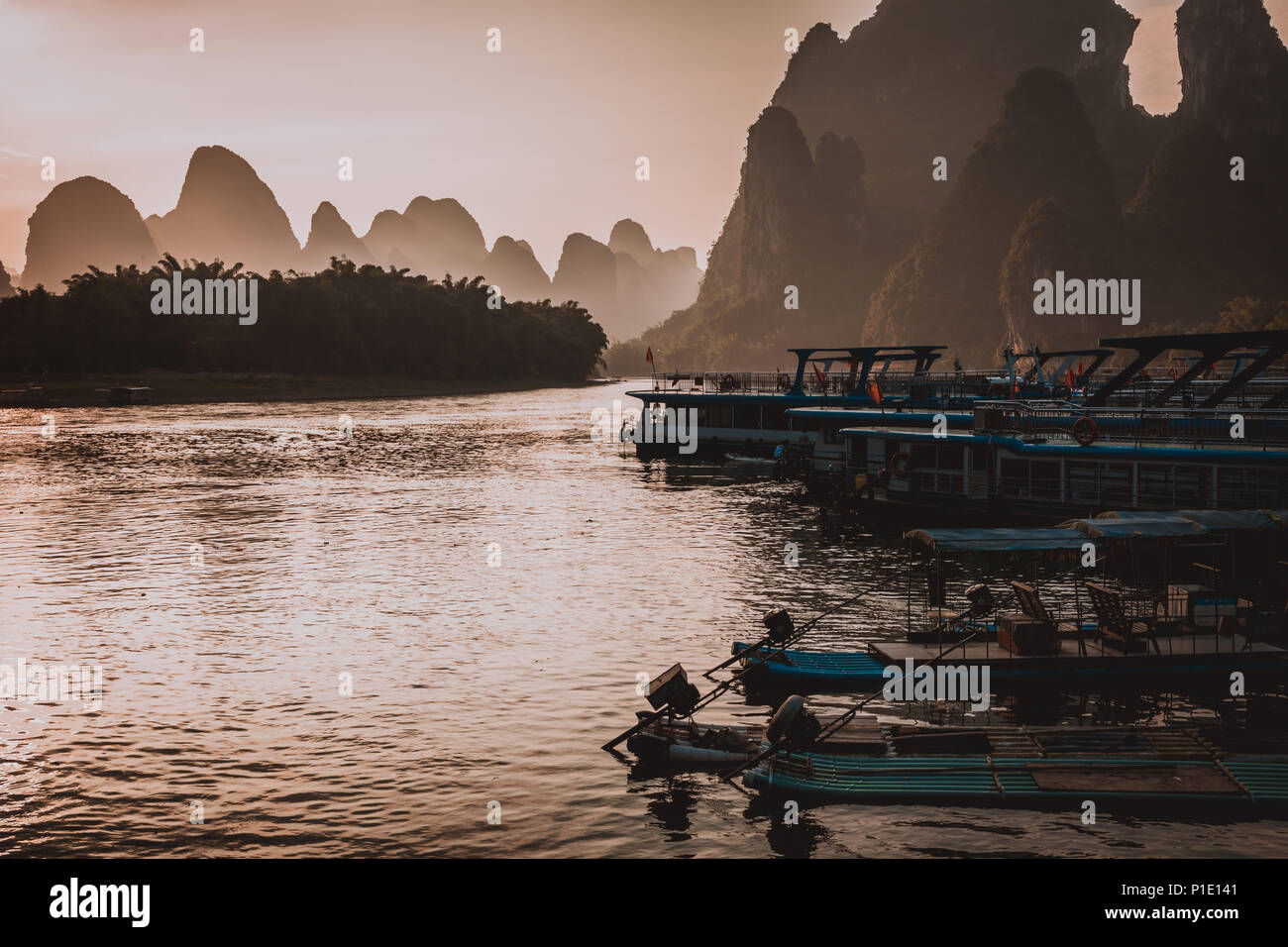 Sunset at Li River, Xingping, Guilin, China. Xingping is a town in North Guangxi, China. Stock Photo