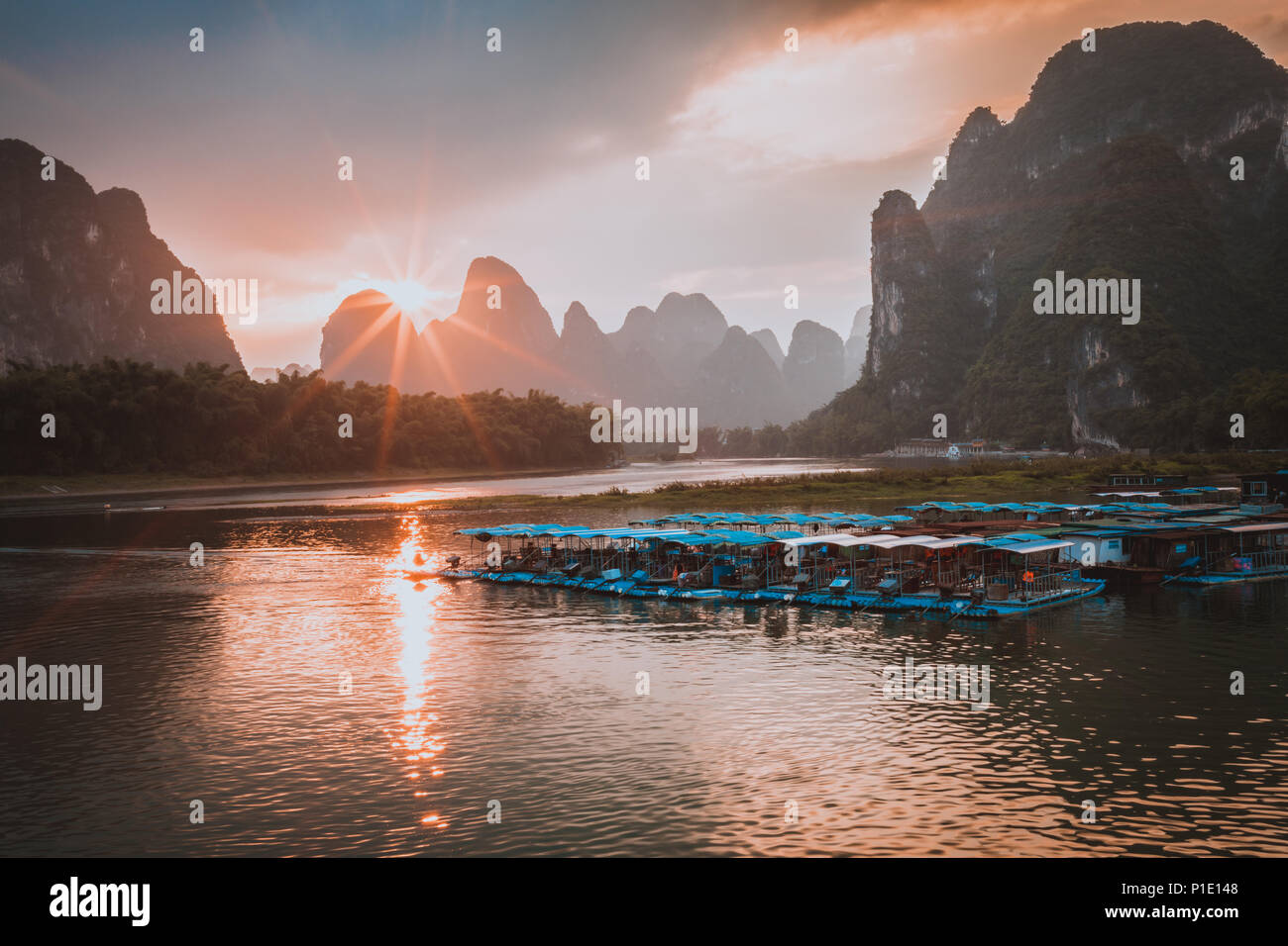 Sunset at Li River, Xingping, Guilin, China. Xingping is a town in North Guangxi, China. Stock Photo