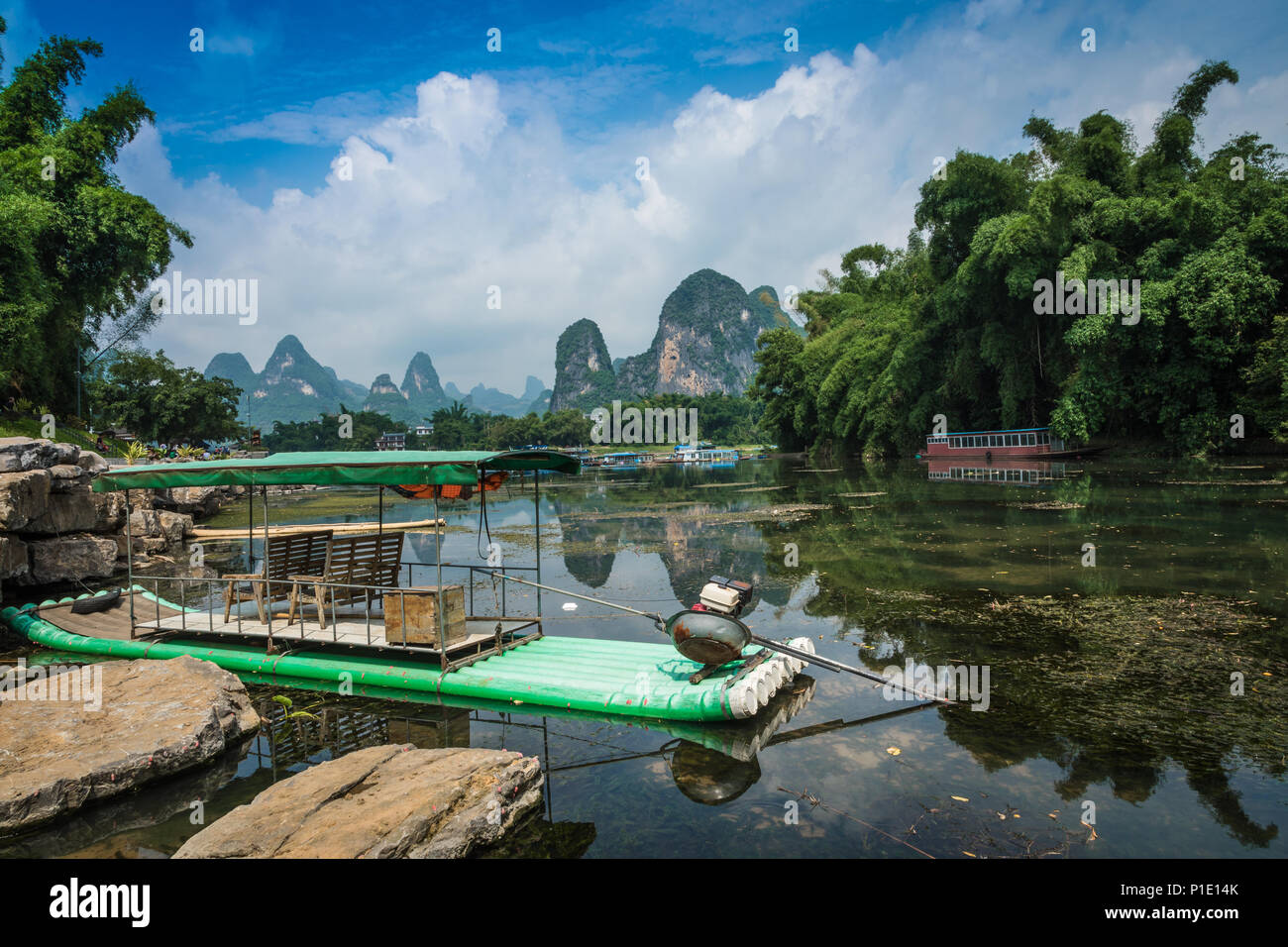 Li River (Lijiang River). Pleasure boats at the pier in Xingping Town Stock Photo