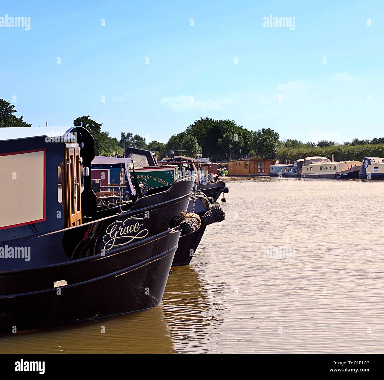 House Boats & Canal Barges at Rufford Marina. UK. Stock Photo