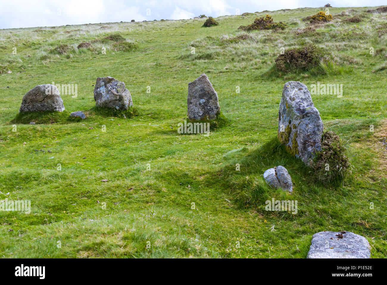 The 9 Maidens Standing Stone Circle in Dartmoor National Park Stock