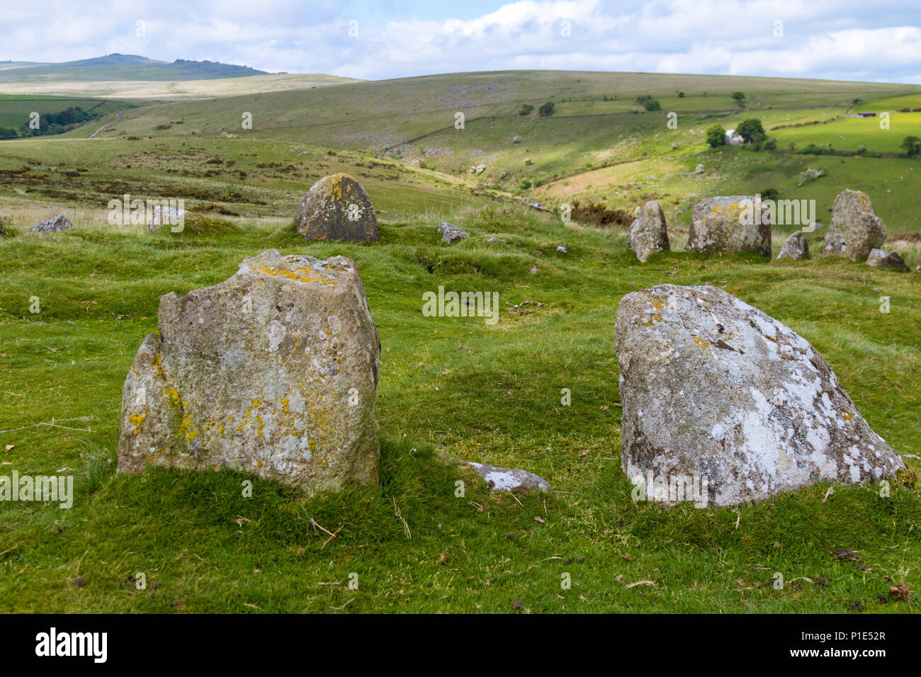 The 9 Maidens Standing Stone Circle in Dartmoor National Park Stock