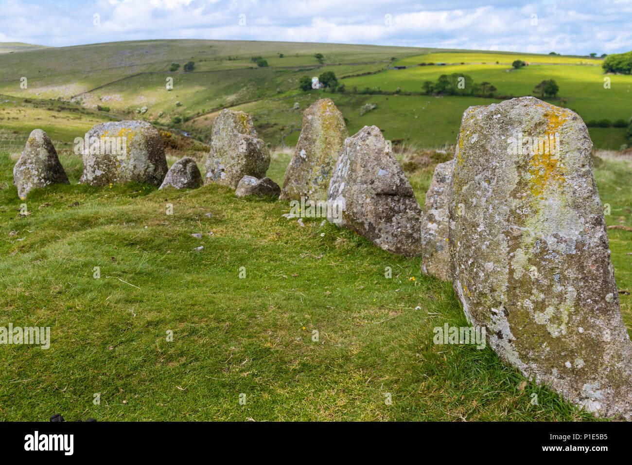 The 9 Maidens Standing Stone Circle in Dartmoor National Park Stock