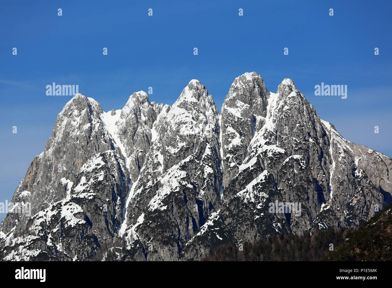 great mountain with five peaks on the Italian border called Cinque Punte di Raibl in Italian language Stock Photo
