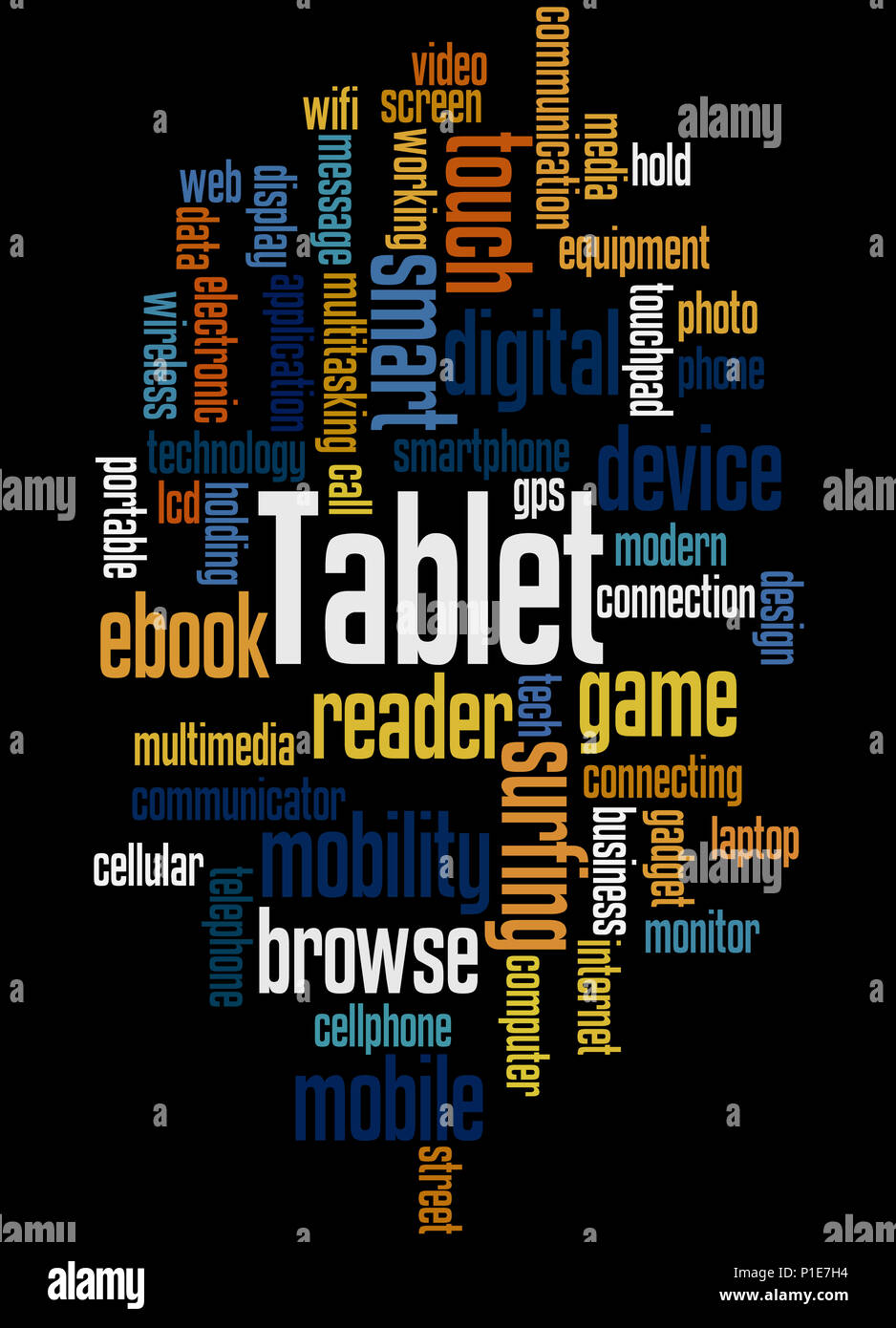 Tablet, word cloud concept on black background Stock Photo Alamy