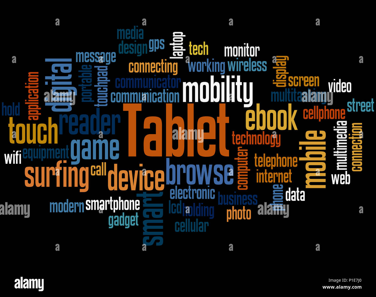 Tablet, word cloud concept on black background Stock Photo Alamy