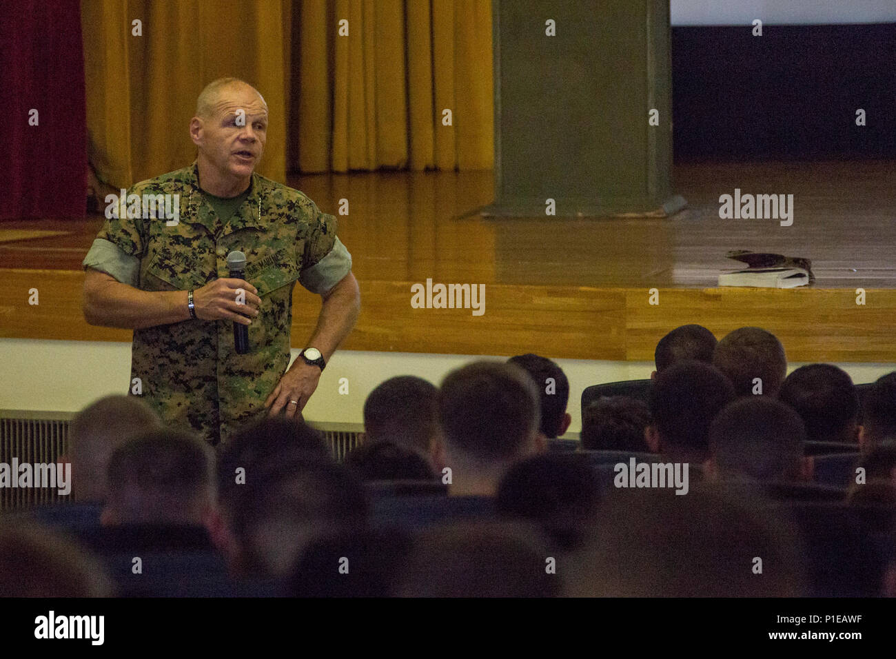 Commandant of the Marine Corps Gen. Robert B. Neller speaks to Marines at Camp Kinser, Okinawa, Japan, Oct. 13, 2016. Neller spoke about leadership expectations, readiness, and the future of the U.S. Marine Corps. (U.S. Marine Corps photo by Cpl. Samantha K. Braun) Stock Photo