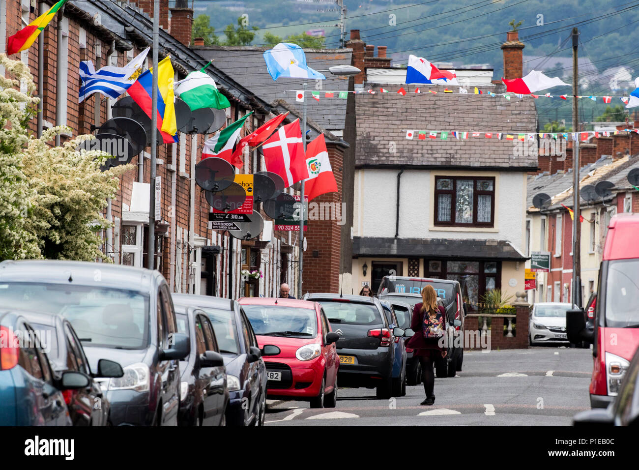 Iris Drive in West Belfast were residents have gotten into the World Cup fever and have created a sweepstakes to raise funds for a street party on the day of the World Cup Final. Stock Photo