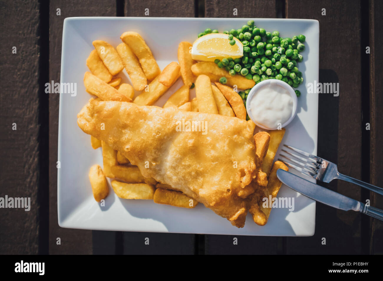 Fish and chips, typical British lunch, restaurant on the beach, Brighton, England Stock Photo