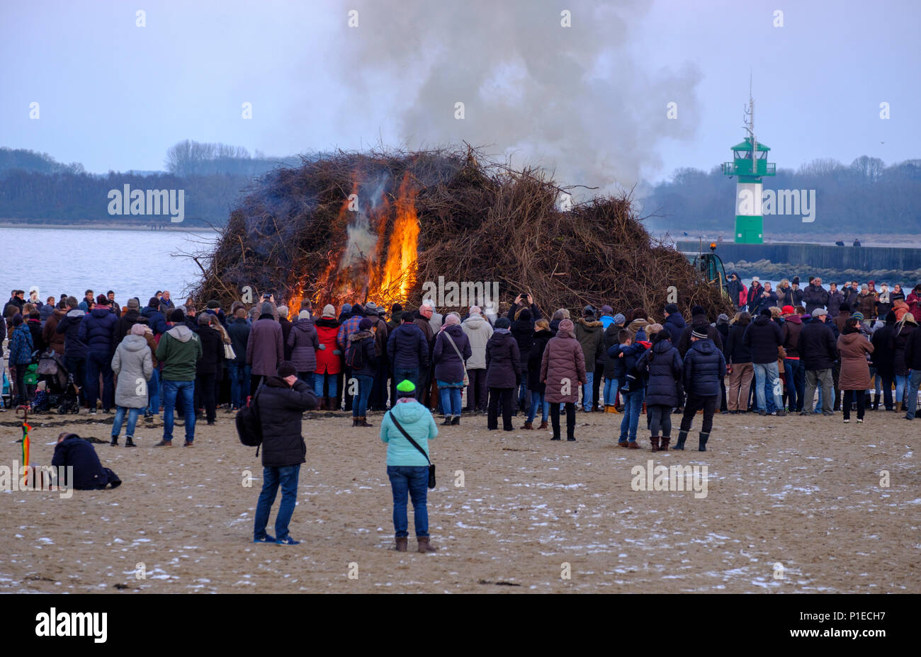 Easter fire on the beach of Travemuende, Lubeck, Schleswig-Holstein, Germany Stock Photo