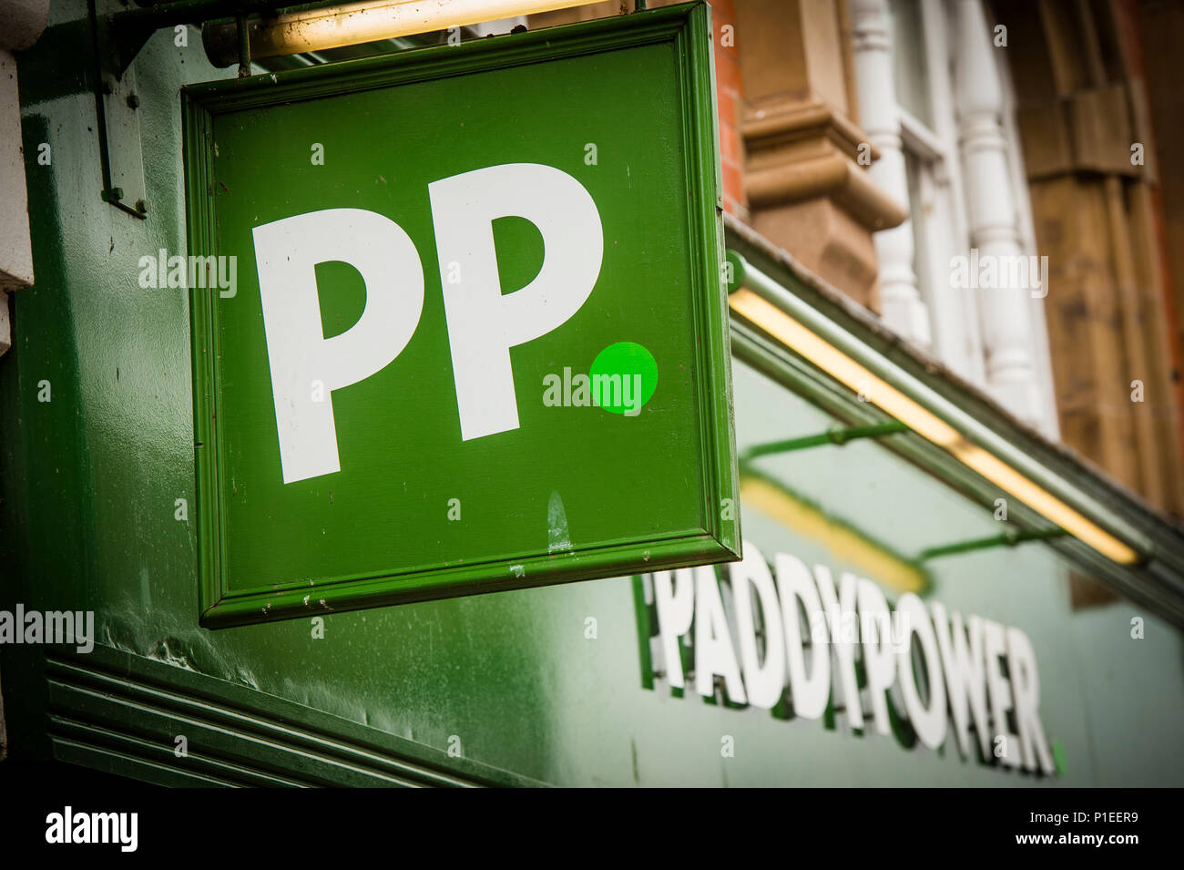 High street gambling in the UK: Paddy Power, PP, betting shop exterior, Hereford, England UK Stock Photo