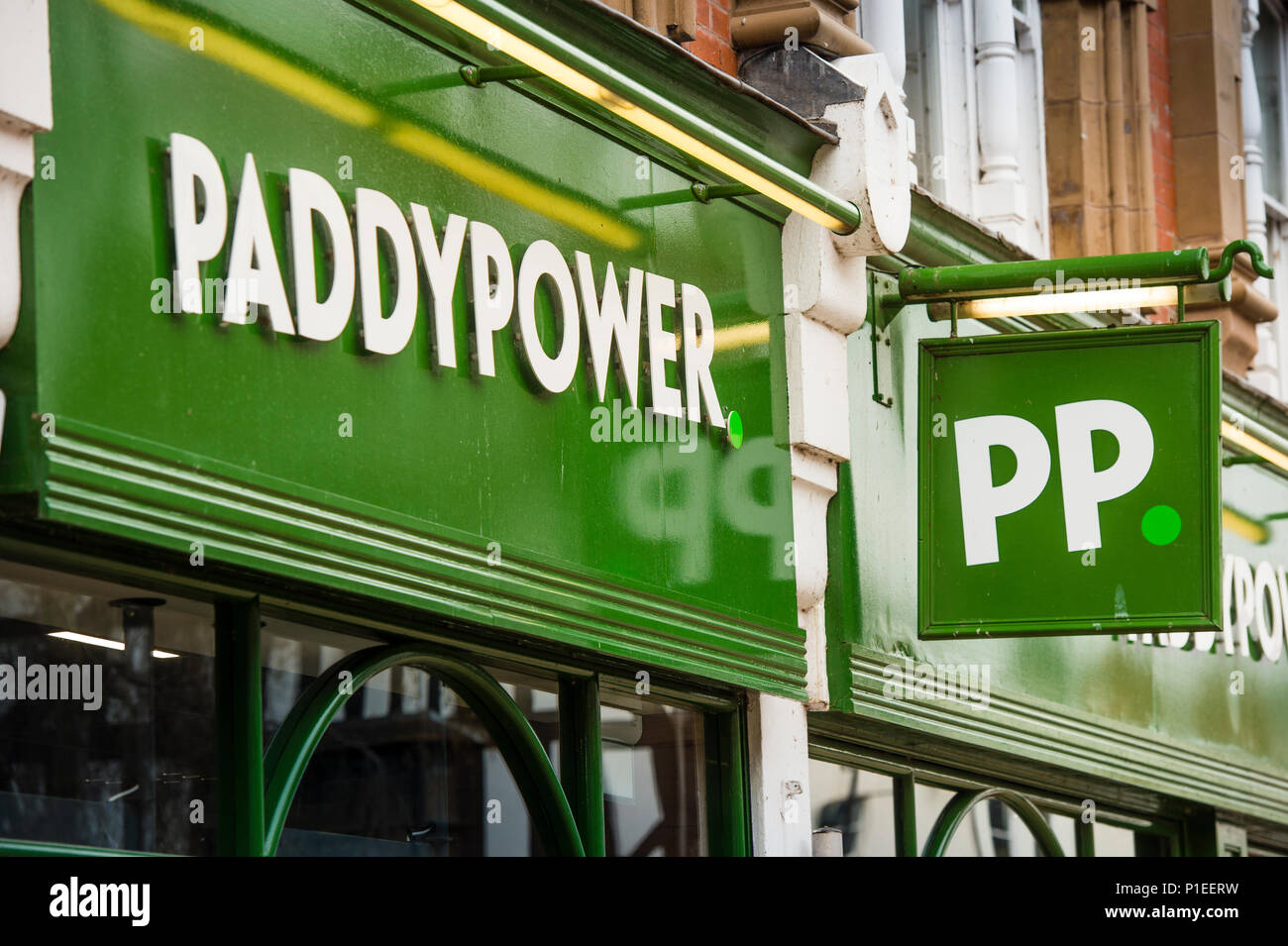 High street gambling in the UK: Paddy Power, PP, betting shop exterior, Hereford, England UK Stock Photo