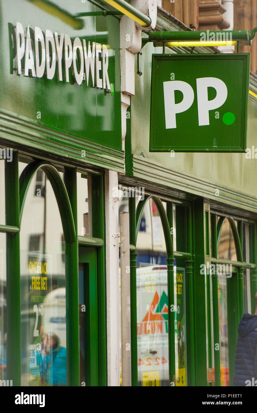 High street gambling in the UK: Paddy Power, PP, betting shop exterior, Hereford, England UK Stock Photo