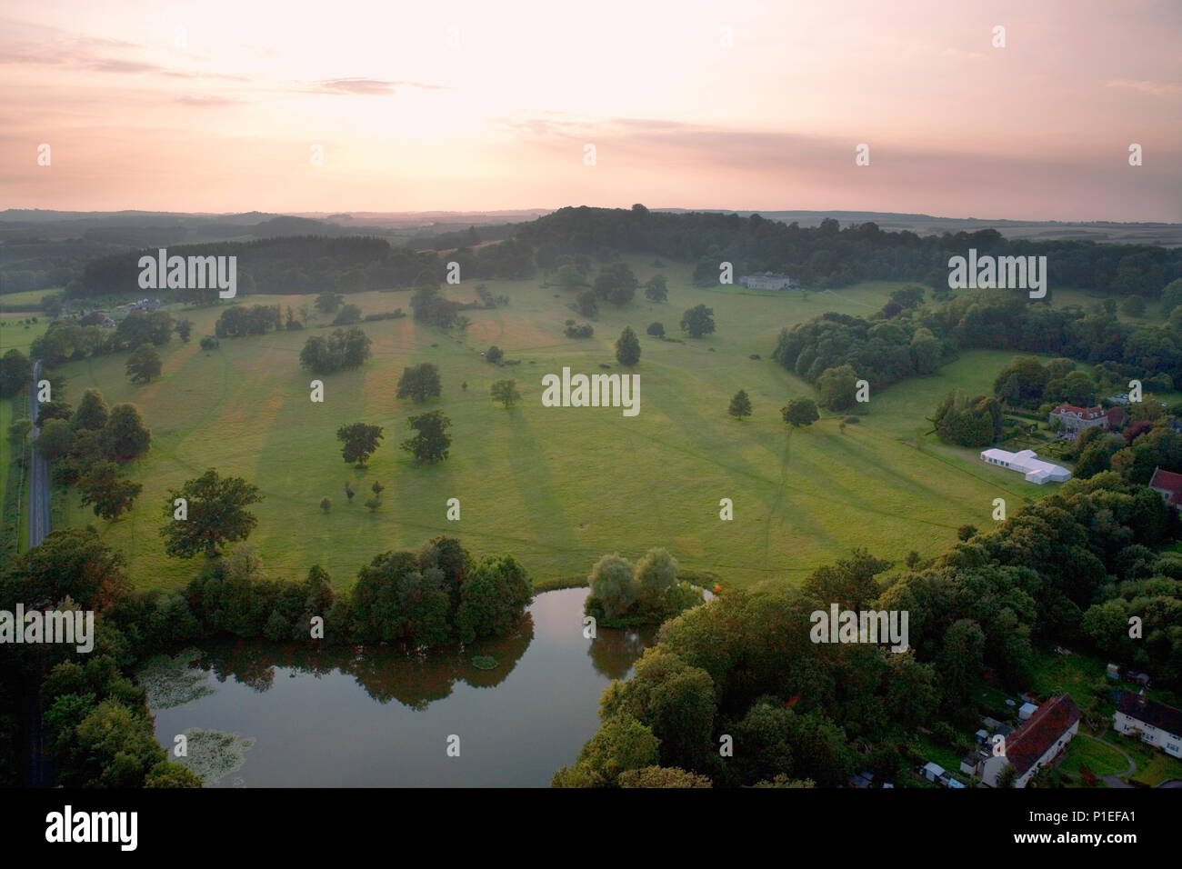 View from a hot air balloon which has just taken off from Dinton, S. Wiltshire, England, UK Stock Photo