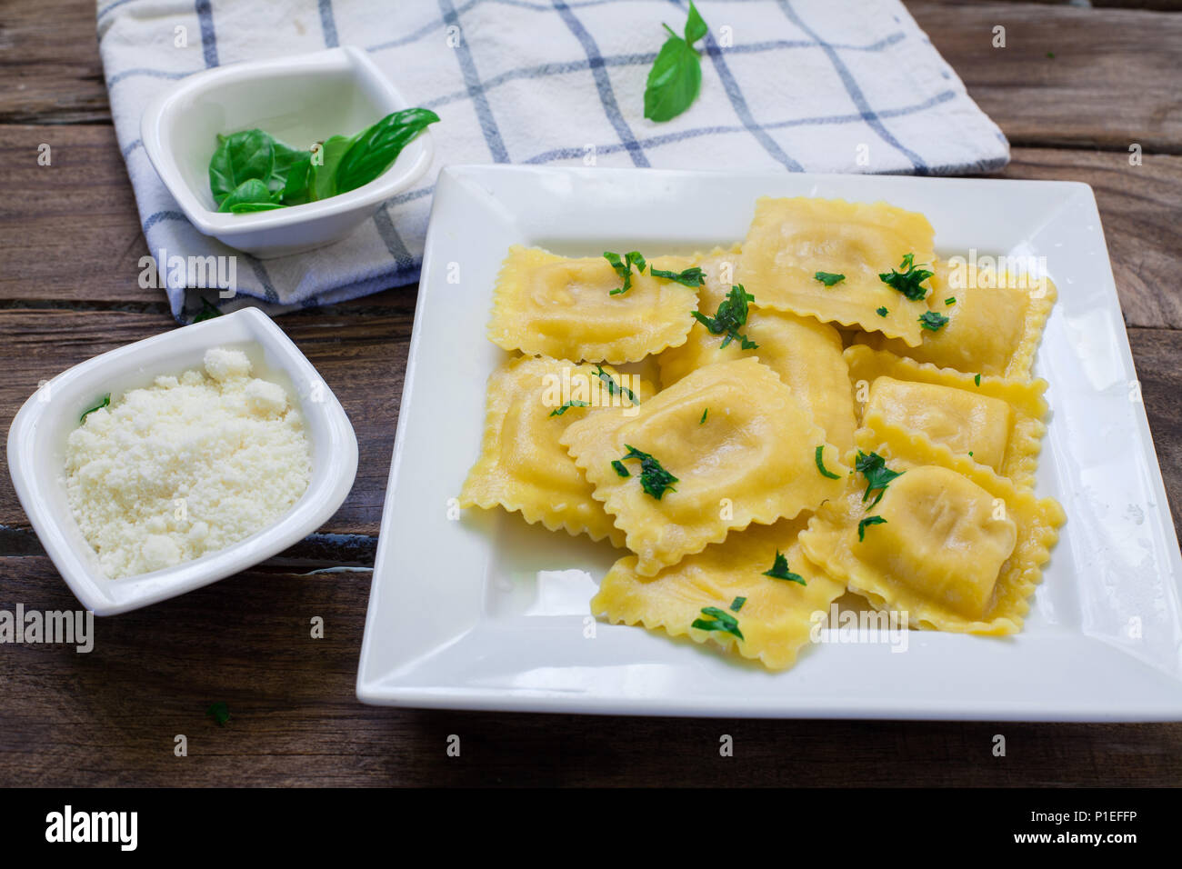 italian pasta tortelloni filled with ricotta cheese and spinach Stock