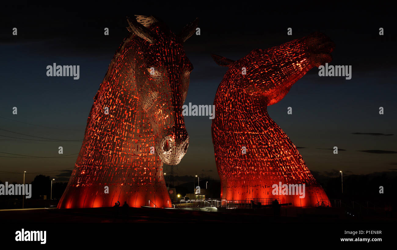 Europe, Scotland, England, The kelpies, illuminated horse figures,                               , Europa, Schottland, The Kelpies, beleuchtete Pferde Stock Photo