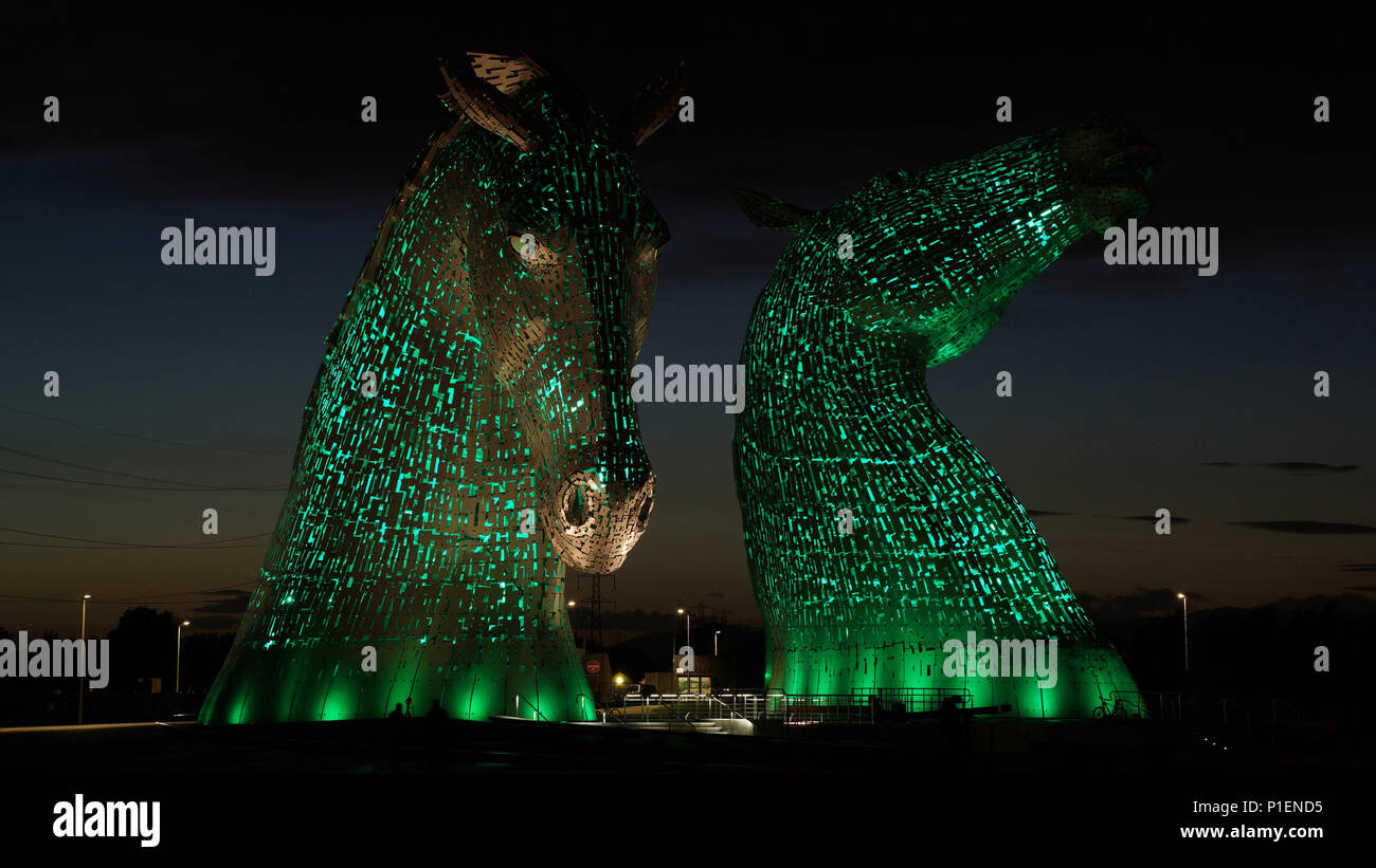 Europe, Scotland, England, The kelpies, illuminated horse figures,                               , Europa, Schottland, The Kelpies, beleuchtete Pferde Stock Photo