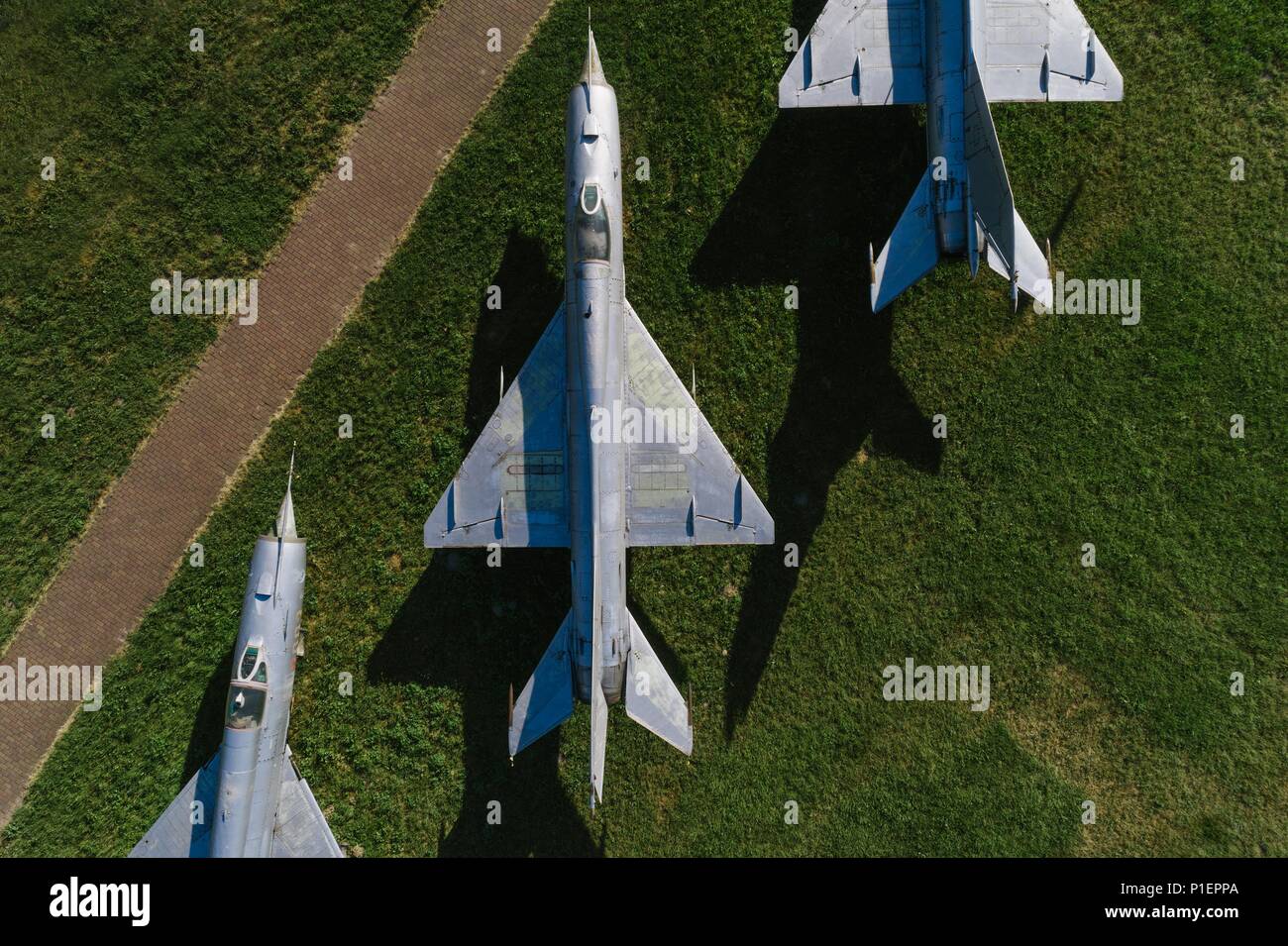 Aerial drone view on old jet fighters. Airplanes cemetery Stock Photo ...