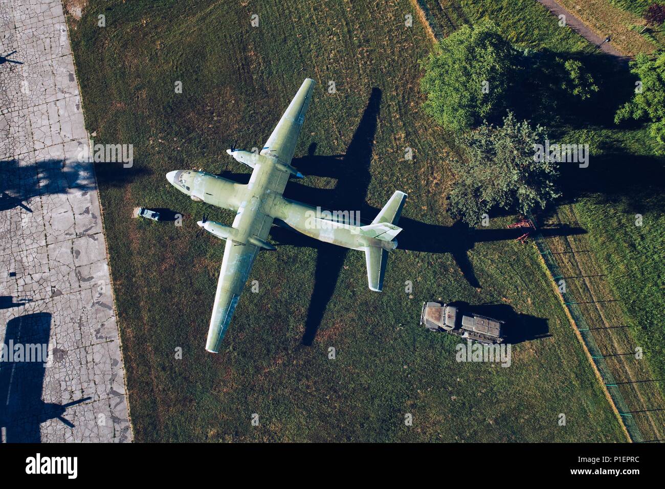 Above drone view onmilitary propeller transport aircraft. Military