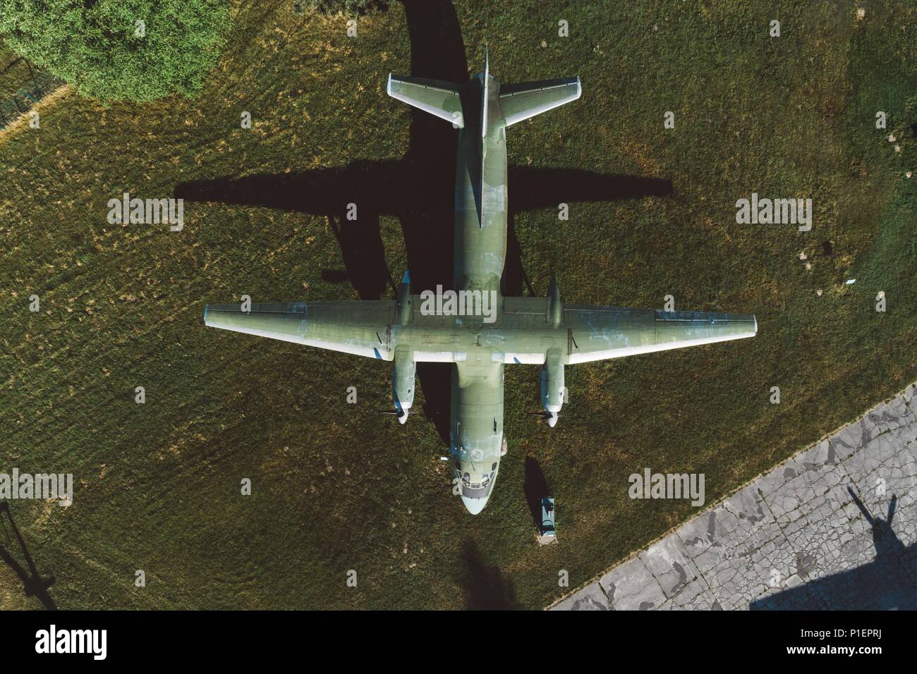 Above drone view onmilitary propeller transport aircraft. Military
