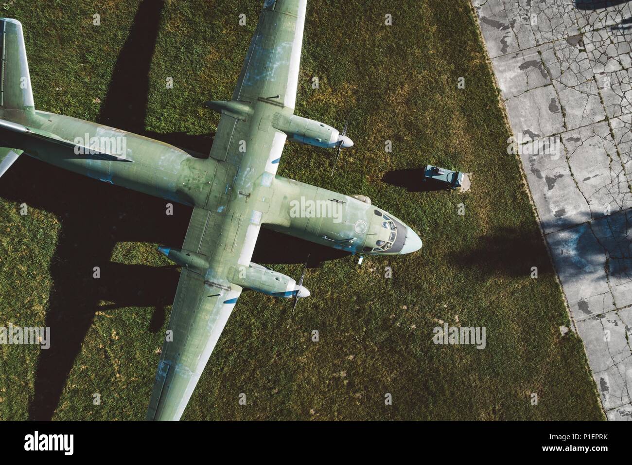 Above drone view onmilitary propeller transport aircraft. Military