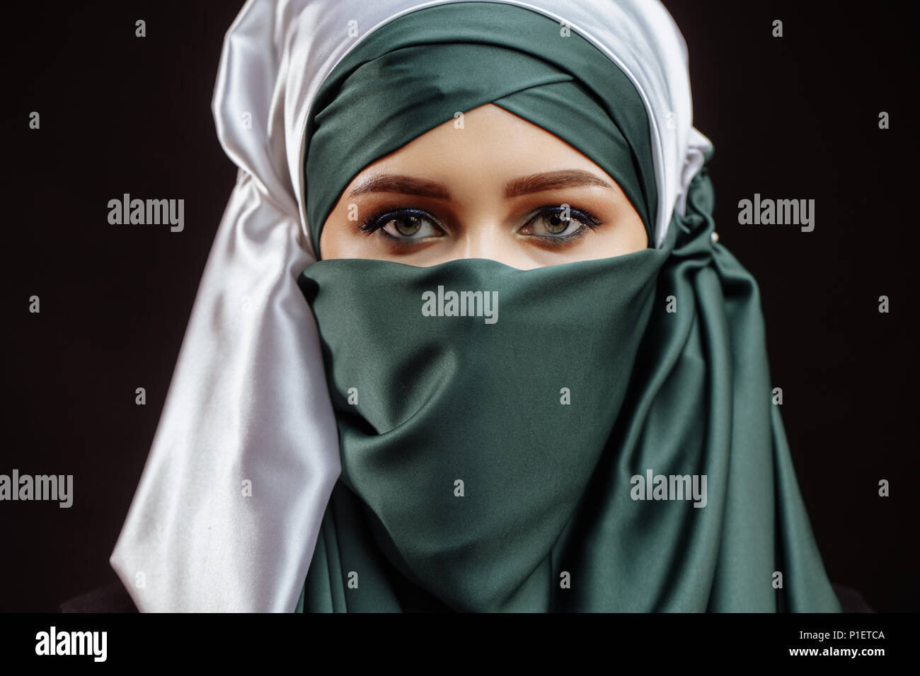 close up cropped photo of awasome Muslim girl in green hijab Stock ...