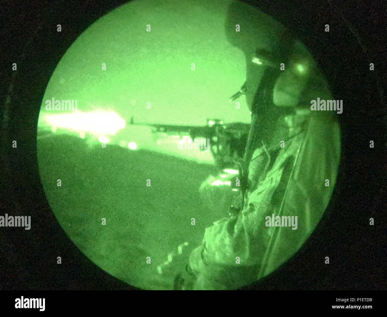 A UH-60 Black Hawk crew chief with 3rd General Support Aviation Battalion, 82nd Combat Aviation Brigade, engages targets with a M240 machine gun, during a night aerial gunnery training exercise at Marine Corps Outlying Field Atlantic, N.C., Oct. 22. (U.S. Army photo by Sgt. Steven Galimore) Stock Photo