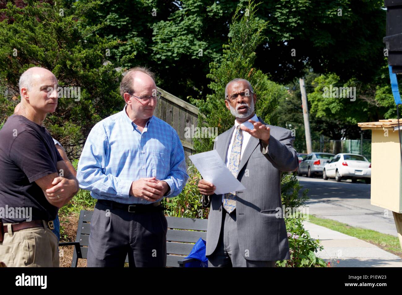 Philadelphia, PA, USA - June 7, 2018: State Senator Art Haywood (right) is joined by community leaders for the dedication of a Little Free Library. Stock Photo