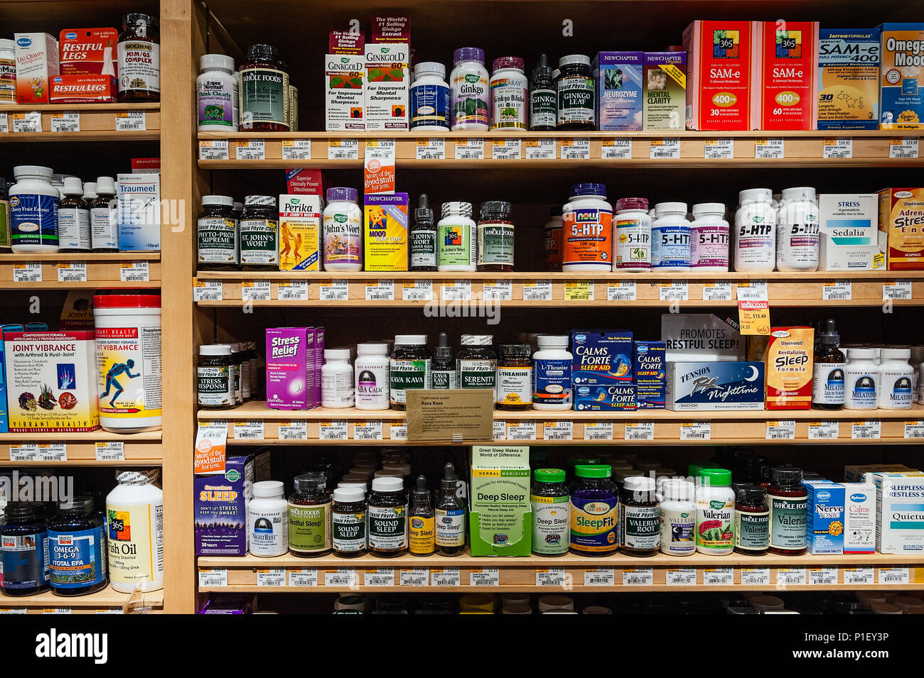 Display of vitamin and supplement products in a health food store. Stock Photo