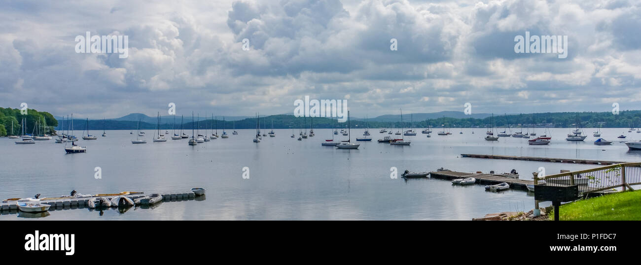 Mallets Bay on Lake Champlain, with many sailboats moored with the