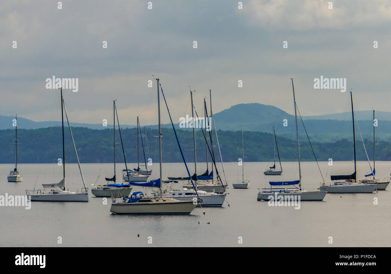 Mallets Bay on Lake Champlain, with many sailboats moored with the