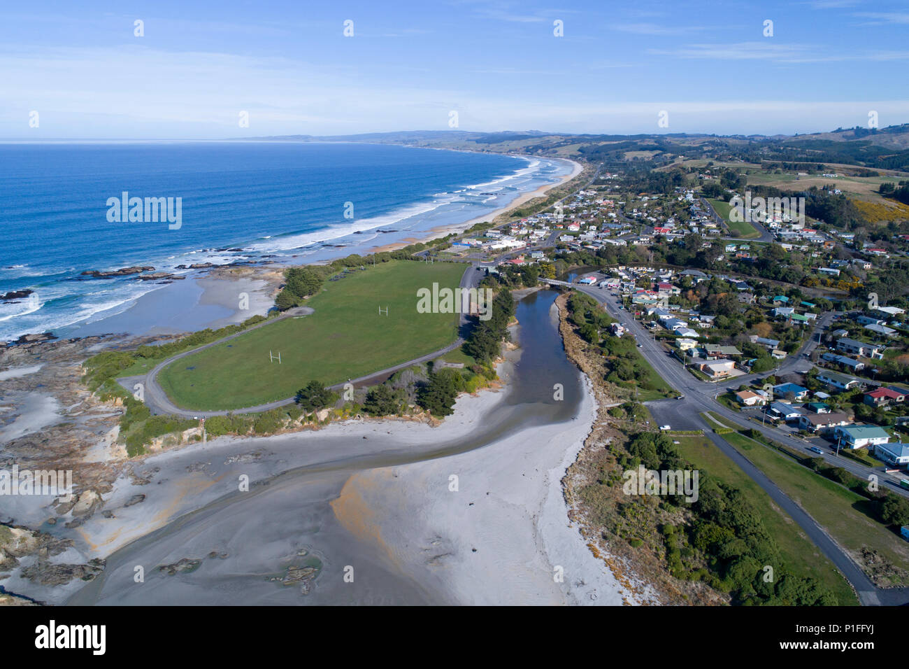 Brighton Beach and domain, Dunedin, South Island, New Zealand - drone aerial Stock Photo