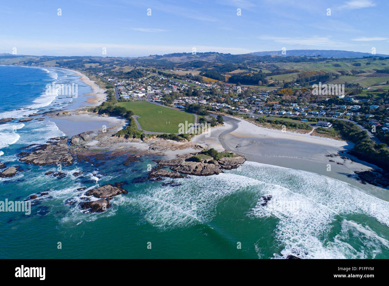 Brighton Beach, Dunedin, South Island, New Zealand - drone aerial Stock Photo