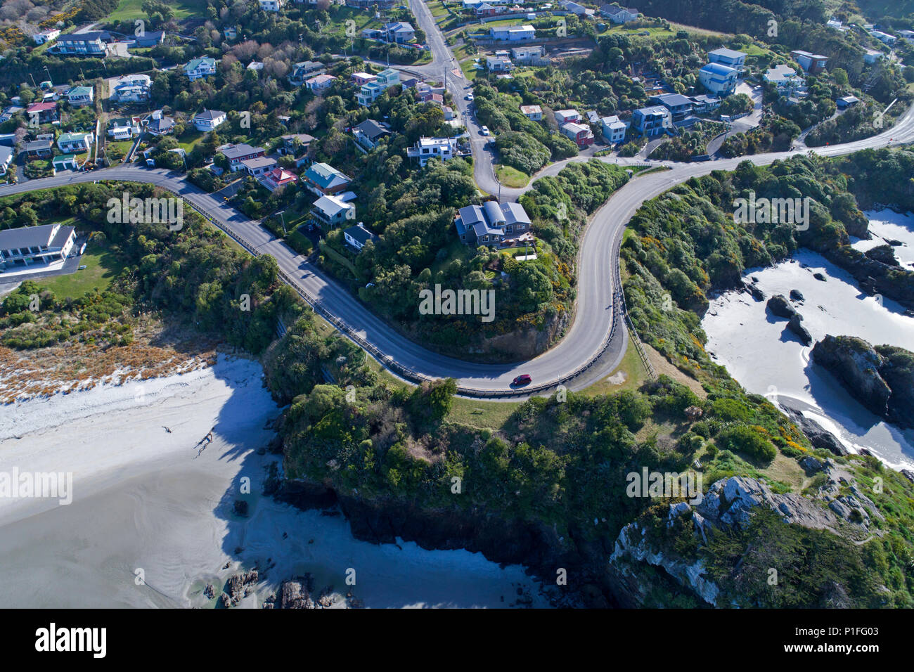 Big Rock Corner, Brighton, Dunedin, South Island, New Zealand - drone aerial Stock Photo