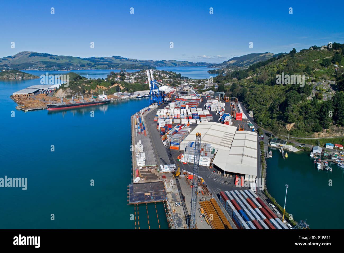 Port Chalmers container terminal, Dunedin, Otago, South Island, New Zealand - drone aerial Stock Photo