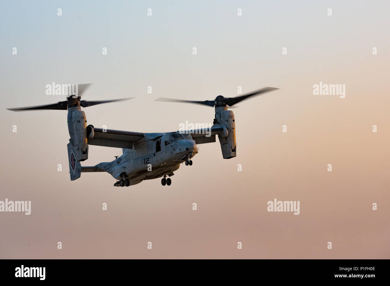 An MV-22B Osprey with Marine Medium Tiltrotor Squadron 165,  Special Purpose Marine Air-Ground Task Force - Crisis Response - Central Command, prepares to land during a Tactical Recovery of Aircraft and Personnel exercise, Oct. 8, 2016. SPMAGTF – CR – CC is a self-sustaining expeditionary unit, designed to provide a broad range of crisis response capabilities throughout the Central Command area of responsibility, using organic aviation, logistical, and ground combat assets, to include TRAP and embassy reinforcement. (U.S. Marine Corps photo by Cpl. Trever Statz) Stock Photo
