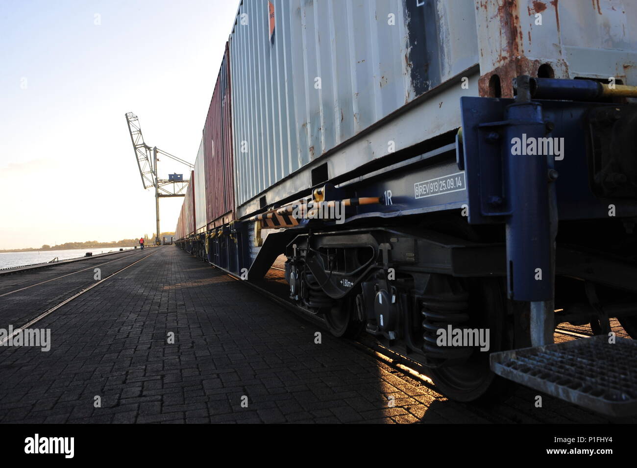 Train cars full of Army and Air Force ammunition were loaded Oct. 29, 2016, at Nordenham, Germany for movement to Miesau Army Depot, Miesau, Germany. More than 600 containers of ammunition arrived at the port and were shipped to the depot for storage and distribution throughout Europe. This is the largest Army-run shipment of ammunition to Europe in more than 20 years. (U.S. Army photo by Sgt. 1st Class Jacob A. McDonald) Stock Photo