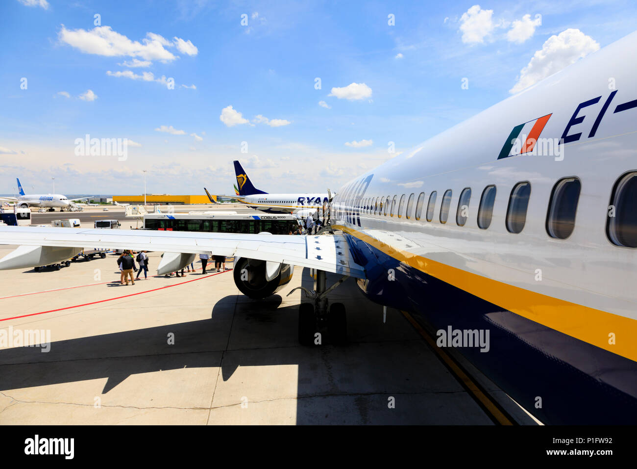 Ryanair Boeing 737-800 aircraft, Adolfo Suarez Barajas airport, Aeropuerto, Madrid, Spain. May 2018 Stock Photo