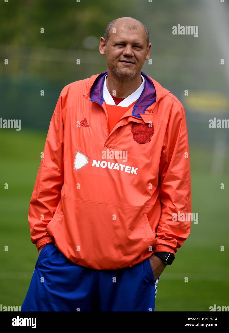 Neustift, Tirol, Austria - May 27, 2018. Assistant coach of Russian international football team Miroslav Romaschenko during training camp in Neustift, Stock Photo