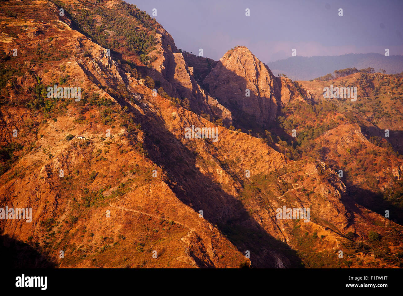 Mountains and villages on the remote Nandhour Valley, Kumaon Hills, Uttarakhand, India Stock Photo