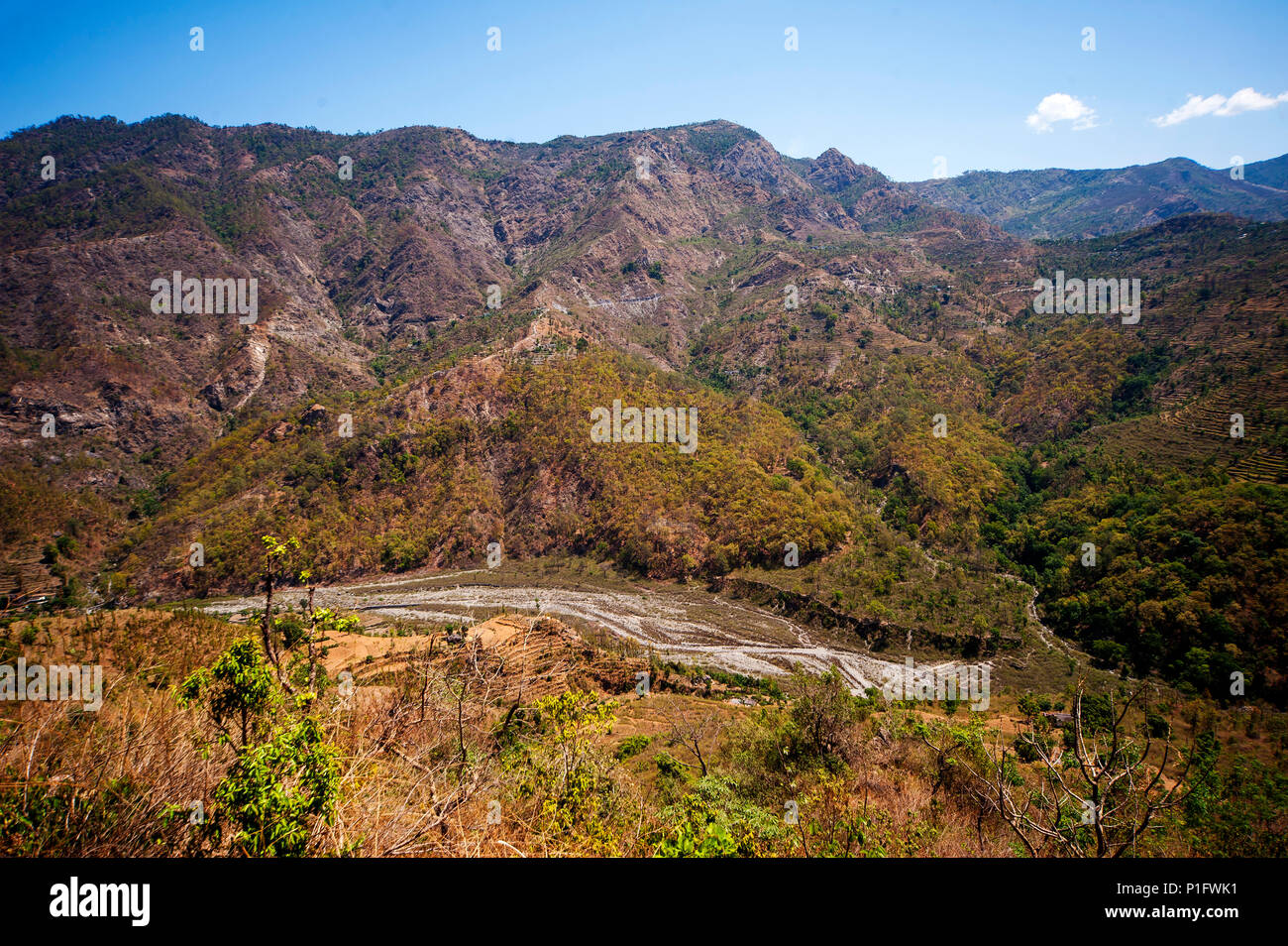 Mountains and villages on the remote Nandhour Valley, Kumaon Hills, Uttarakhand, India Stock Photo