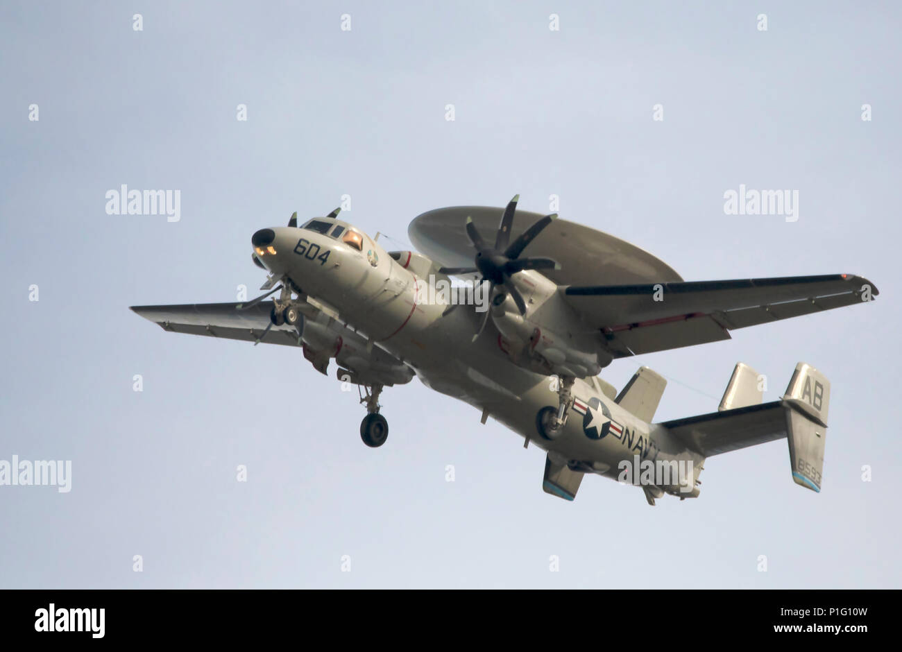 Bossier City, La., U.S.A., Jan. 21, 2017: A U.S. Navy E2C Hawkeye airborne early warning and command and control aircraft approaches Barksdale Air For Stock Photo