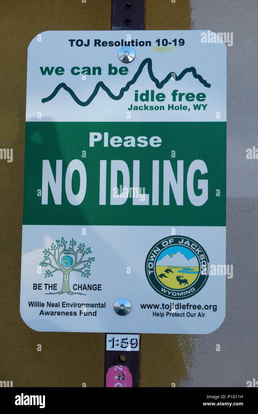 No idling sign in downtown Jackson, Wyoming Stock Photo
