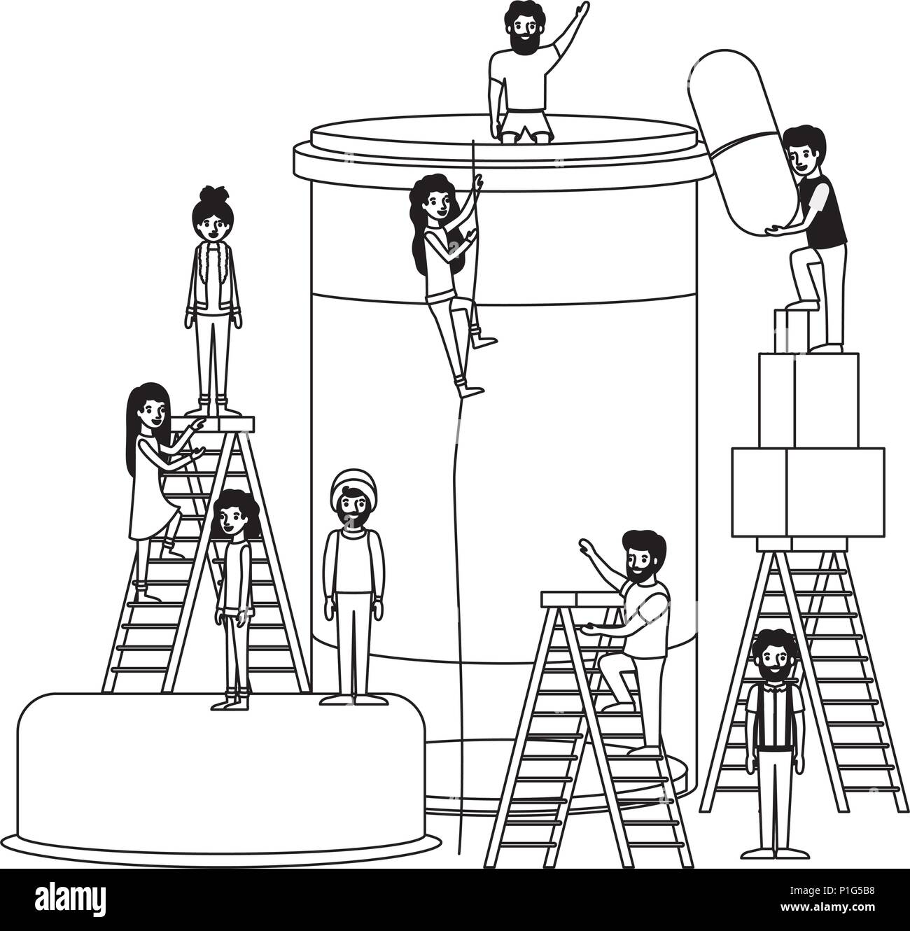 minipeople team working in bottle drugs Stock Vector