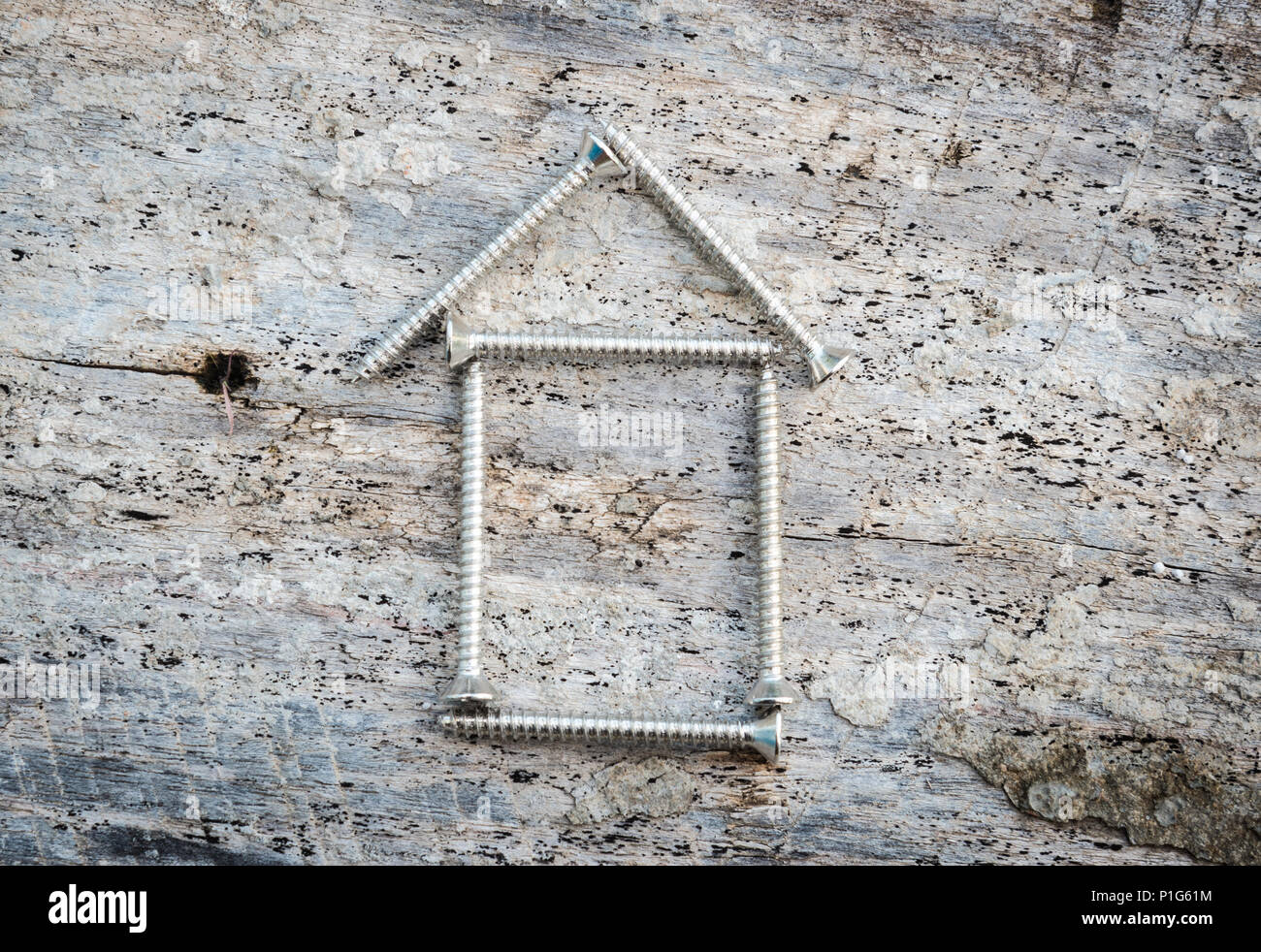 Tapping screws house on wood background, Dream house success concept