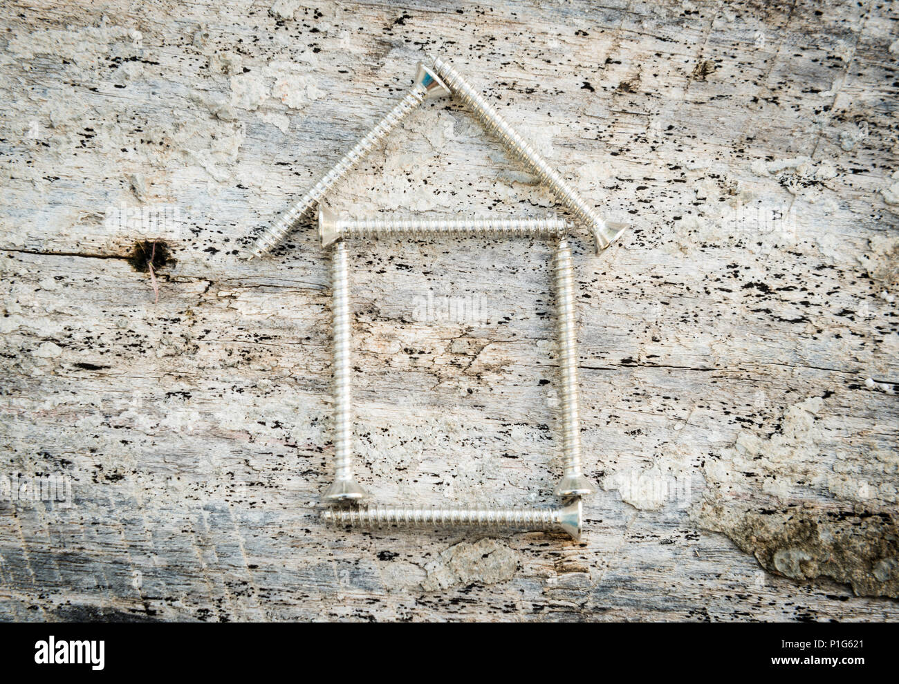 Tapping screws house on wood background, Dream house success concept