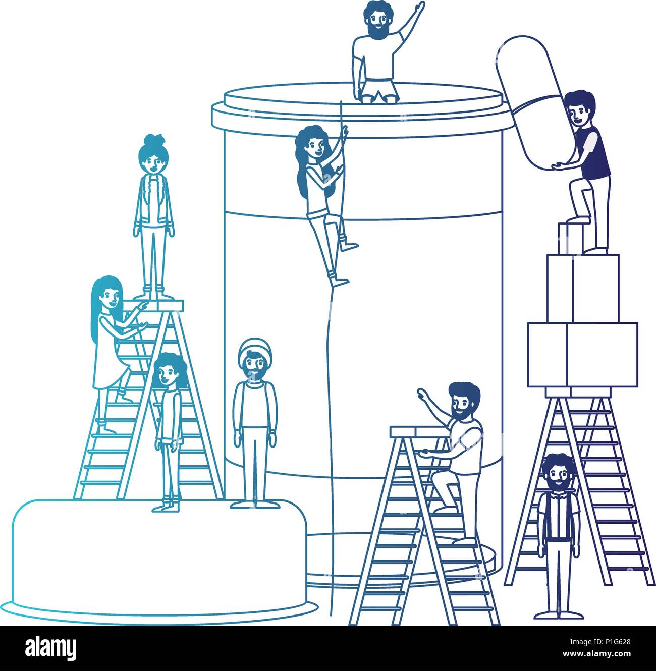 minipeople team working in bottle drugs Stock Vector
