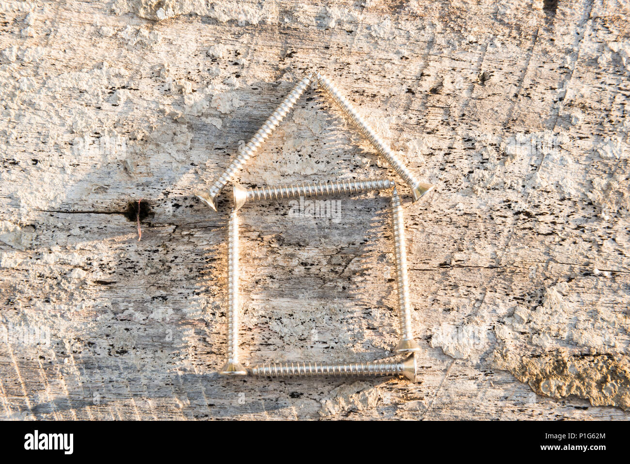 Tapping screws house on wood background, Dream house success concept